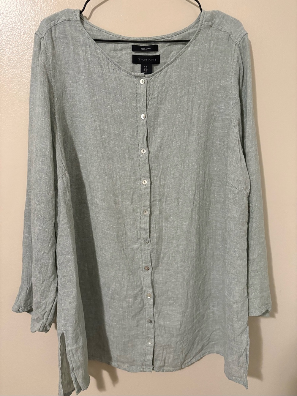 Tahari 100% Linen Oversized Button Up Tunic Top 1X Light Sage Classic Resortwear